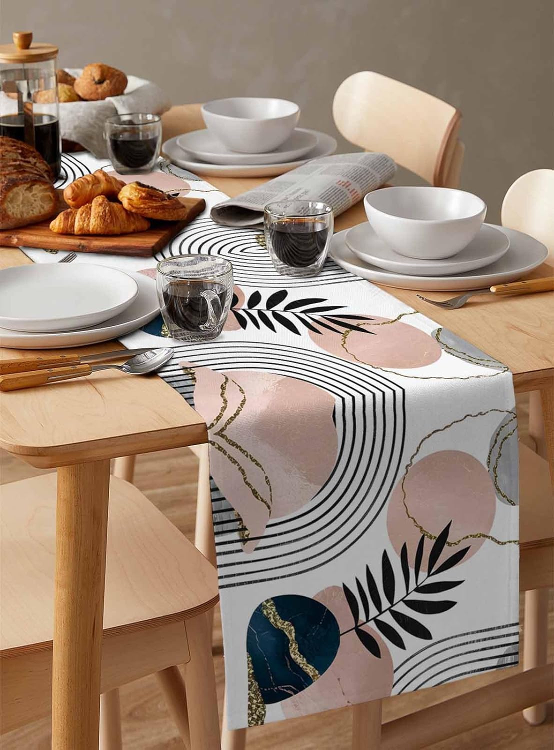 Modern Boho Cotton Linen Table Runner for Dining Kitchen, Wedding Outdoor Party Tablerunners Decoration, Abstract Bohemian Tropical Palm Leaf Dresser Scarf Coffee Tablecloth Runners 13x90 Inches