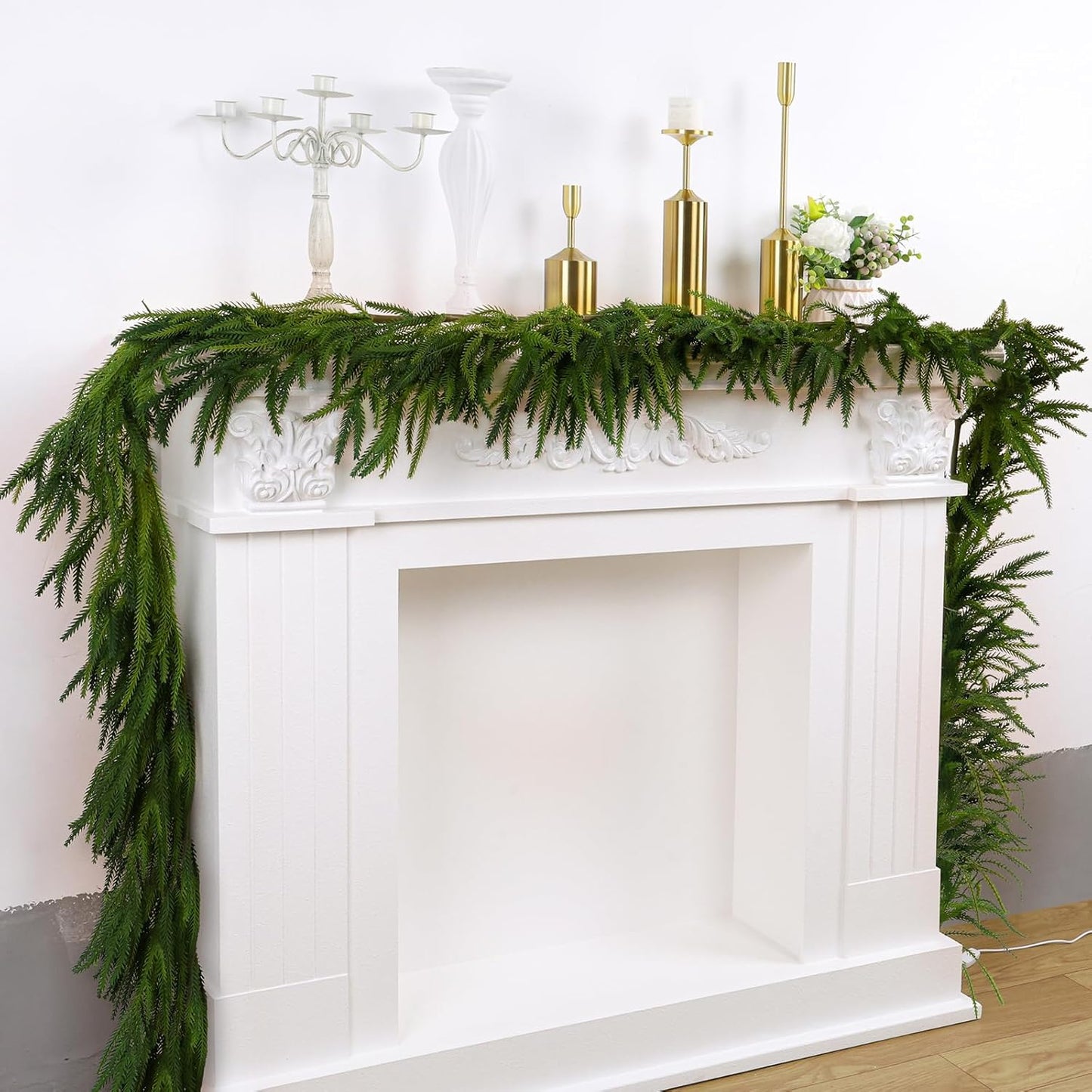 1 Pcs Artificial Norfolk Pine Garlands Christmas, 15 FT Dense Real Touch Winter Pine Garland Ornament, Green Artificial Greenery Garland for Table, Mantle, Wall, Indoor, Outdoor Christmas Decorations