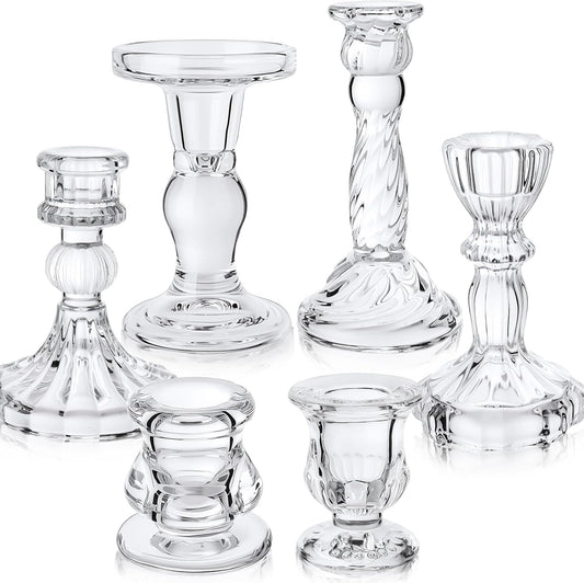 Mumufy 6 Pcs Glass Crystal Taper Candle Holders Clear Glass Candlestick Holder Fit 0.8 Inch Candles Crystal Decorative Candle Stand Centerpiece Table Wedding Dining Party (Simple,Clear)