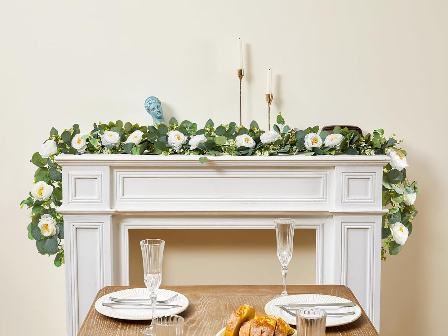 4 Pack Artificial Eucalyptus Flower Garland with White Roses, Fake Flowers Greenery Garland Flower Vines for Wedding Party Centerpiece Mantle Table Runner Spring Summer Home Decor (4PCS, White)