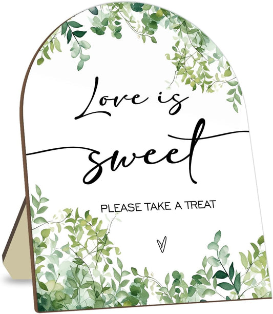 Love is Sweet Please Take A Treat Sign, Love is Sweet Sign for Baby Shower, Bridal Shower Decor Supplies, Eucalyptus Leaf Decoration Wedding Sign Favors for Guests 9 * 11IN