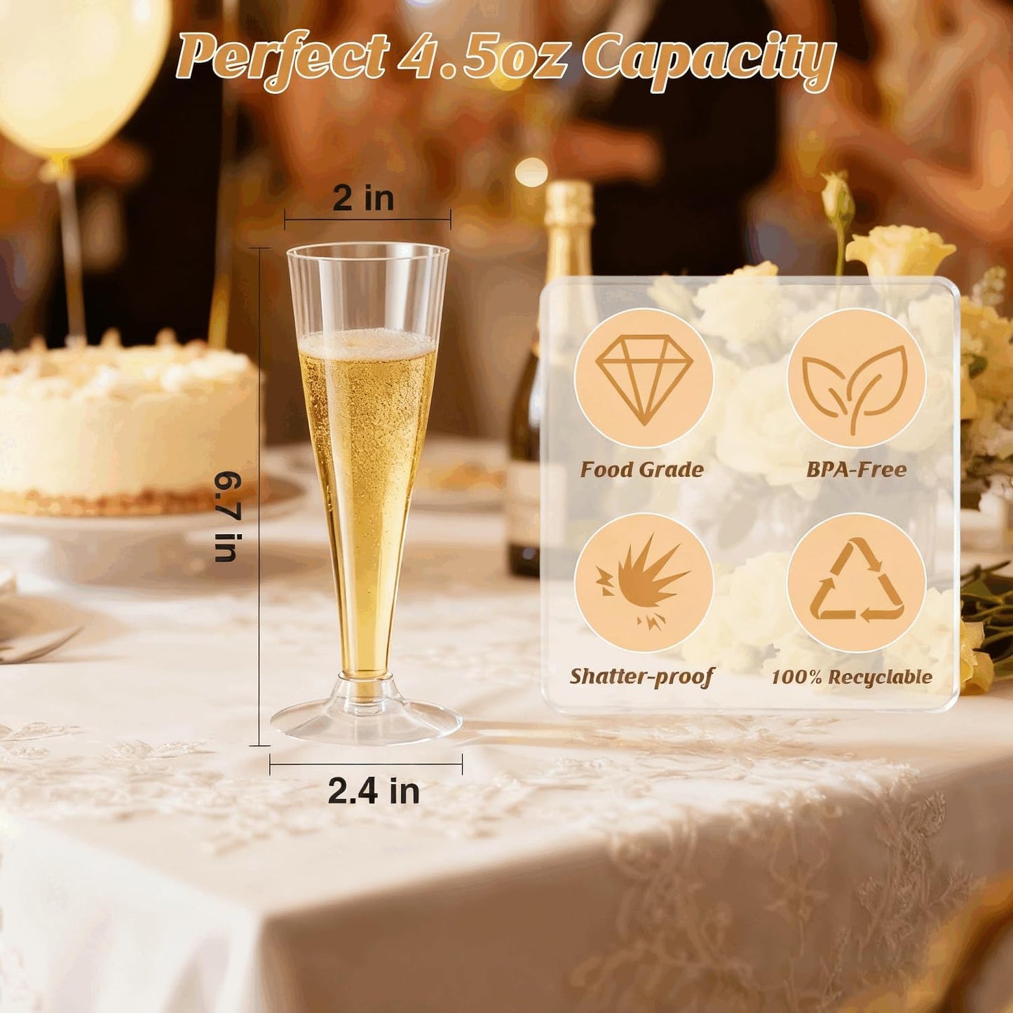 100 Pack Clear Champagne Flutes Plastic Wine Glasses Disposable, 4.5 Oz Transparent Mimosa Glasses for 2025 Wedding Birthday Party Supplies, Bulk Toasting Cocktail Cups