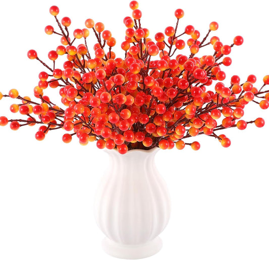 40 Pcs Artificial Berry Stems Branches, Fall Halloween Faux Holly Berries Picks and Sprays Ornaments for Thanksgiving Wreath DIY Craft Decorations Holiday Home Decor (40, Orange)