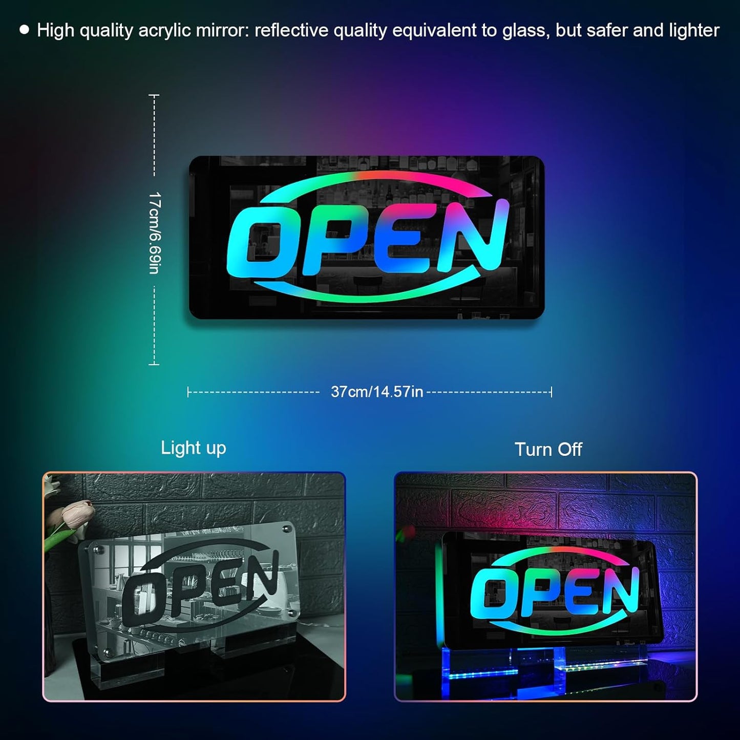 Ineonlife Open Neon Sign Square Mirrored Colorful LED lights for Business Decor Bright Led Light Signs Window Door Decoration Bar Shop Coffee Salon Hotel Store 14.57 x 6.69 inches USB Powerd