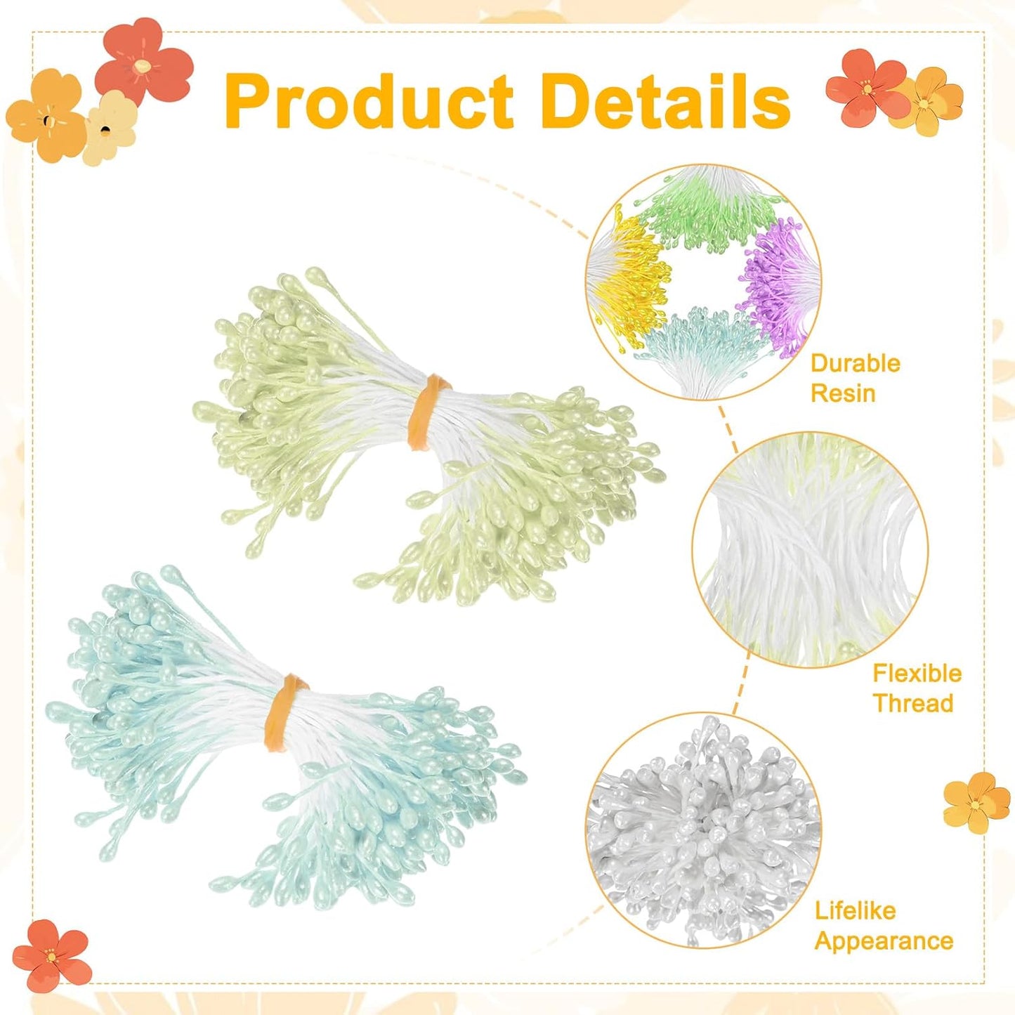 900-Pack Flower Stamens for Crafts, 5mm Double Heads Artificial Pearl Floral Pistil Mini Flower Pollens Stamens for DIY Making/Scrapbook Decoration [White and 5 Colors]