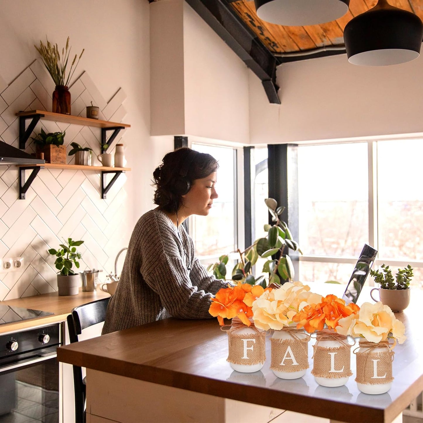 Fall Decor for Home, Autumn Themed Mason Jars Centerpiece Decorations - Perfect for Thanksgiving Decorations 4 Packs Fall Color Pint Mason Jars with Fall on Jute Cover