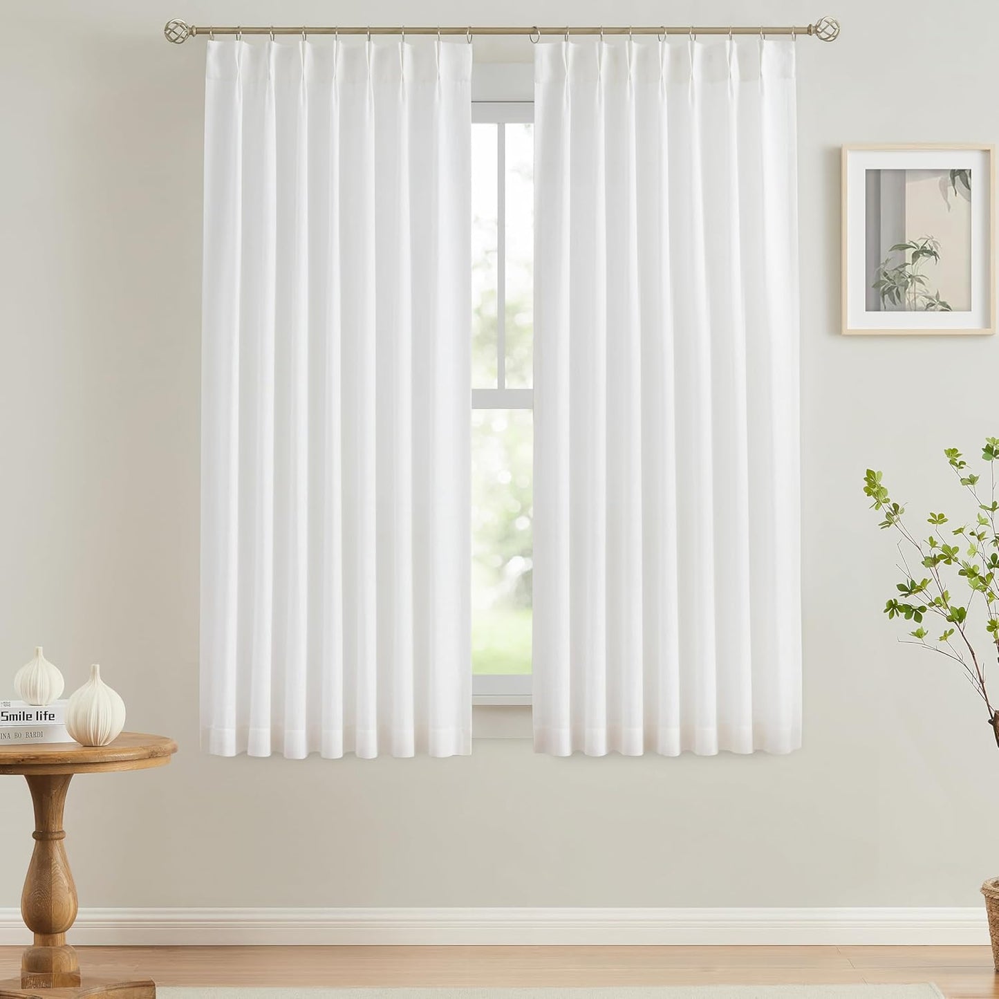Vision Home White Pinch Pleated Semi Sheer Curtains Textured Light Filtering Window Curtains 72 inch for Living Room Bedroom Rayon Blended Pinch Pleat Drapes with Hooks 2 Panels 40" Wx72 L