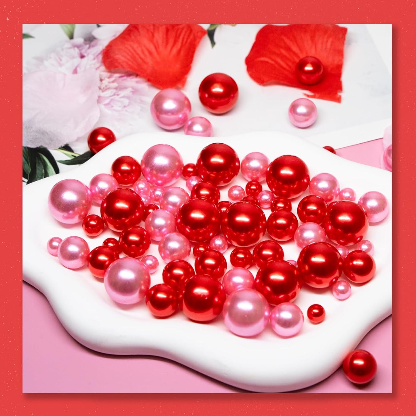 300Pcs Vase Filler Red Pink No Hole Faux Pearl Beads for Vase Filling Decorations, Candle Centerpieces, Wedding Centerpieces, Home Party Decor (8/14/20mm)
