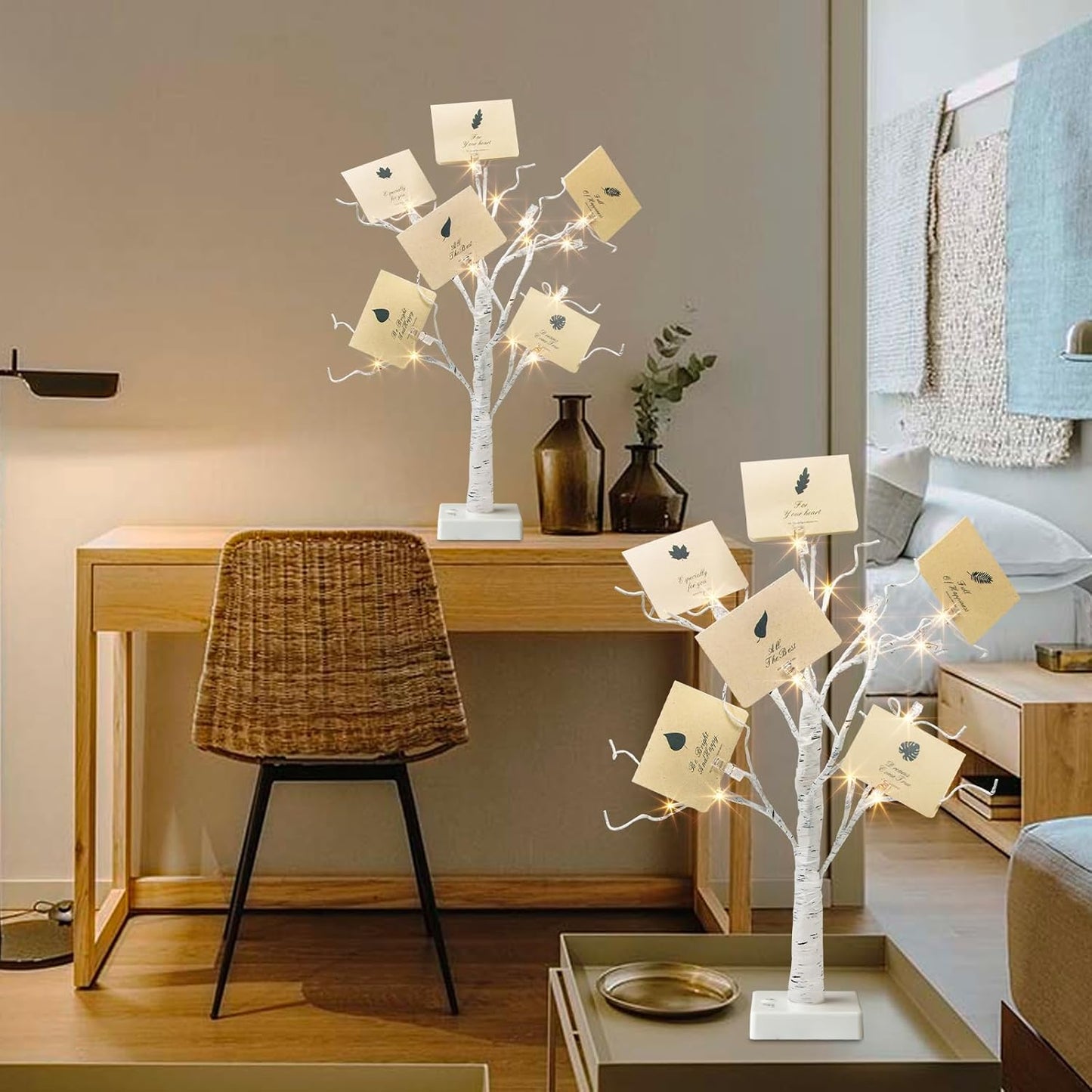 EAMBRITE Money Tree Gift Holder, Gift Card Tree 2FT 24LED, Lighted Birch Trees Battery/USB Powered Timer Photo Display with 12 Clear Clips and 12 Cards for Home Christmas Halloween Picture Memo 2 Pack