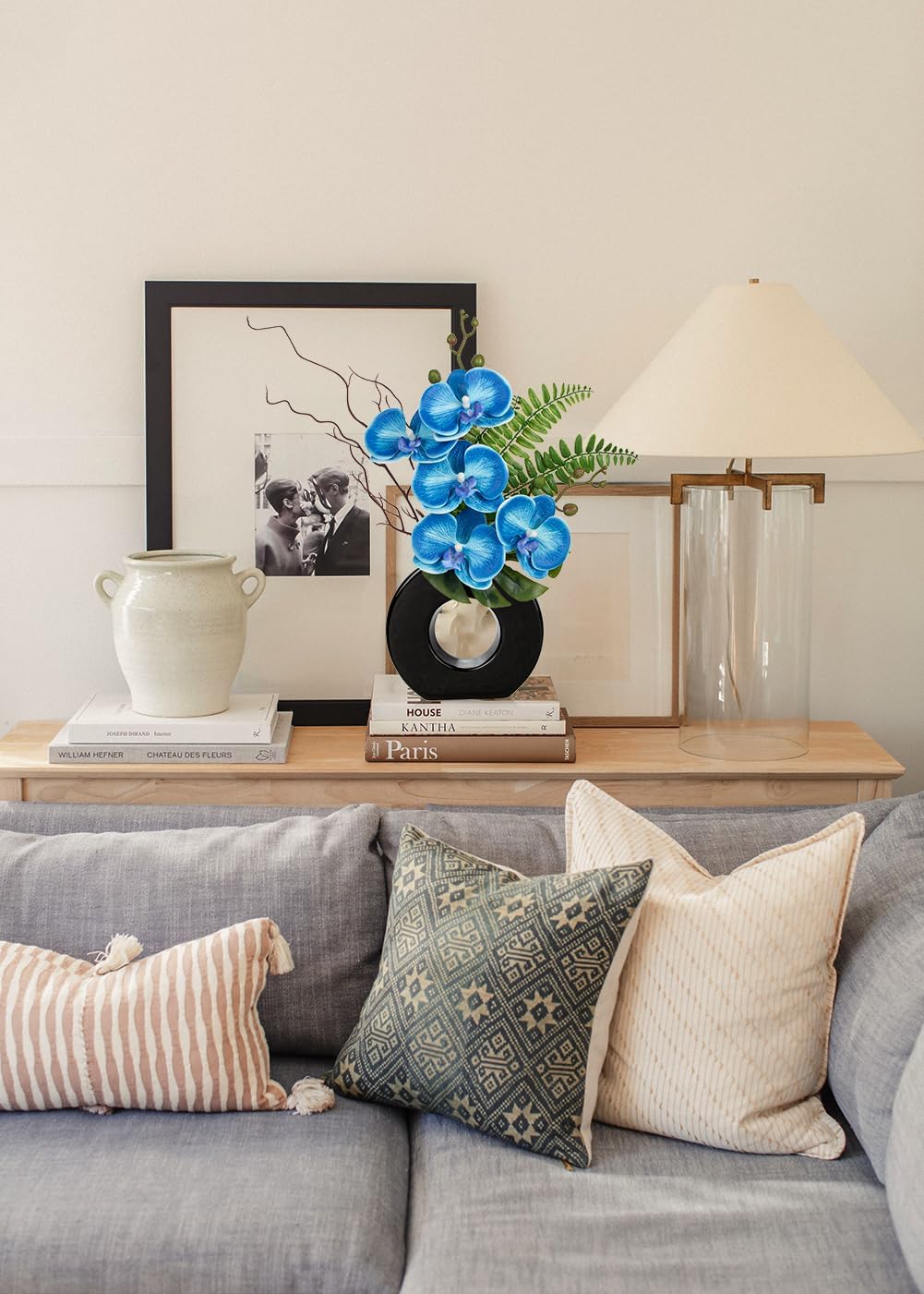 Briful Blue Orchid Fake Flowers with Black Vase, 16.1'' Artificial Orchid Silk Flowers Faux Orchid Arrangement for Home Office Room Table Centerpiece Modern Decoration