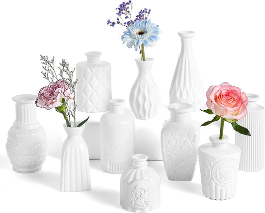 Vintage Small Glass Vases Set of 10,Mini Bud Vases for Flowers,Amber Glass Vases for Centerpieces,Wedding Decorations,Home Table Flower Decor (White)