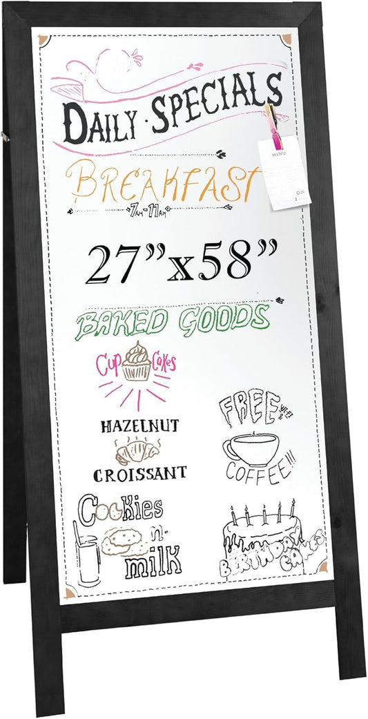 Ilyapa Wooden Dry Erase A Frame Sign - Magnetic Whiteboard Sidewalk Menu Board Outdoor - Menu Display for Restaurant, Food Truck - 58x27 inch - Black