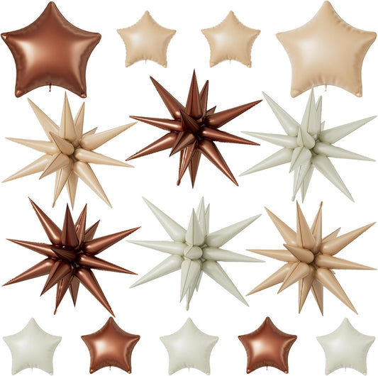 16 Pcs Cream Caramel Brown Star Balloons,22/18/10 Inch Foil Neutral Balloons, Balloon for Kids Girl Boy Birthday Boho Wedding Bridal Baby Shower Party Decorations