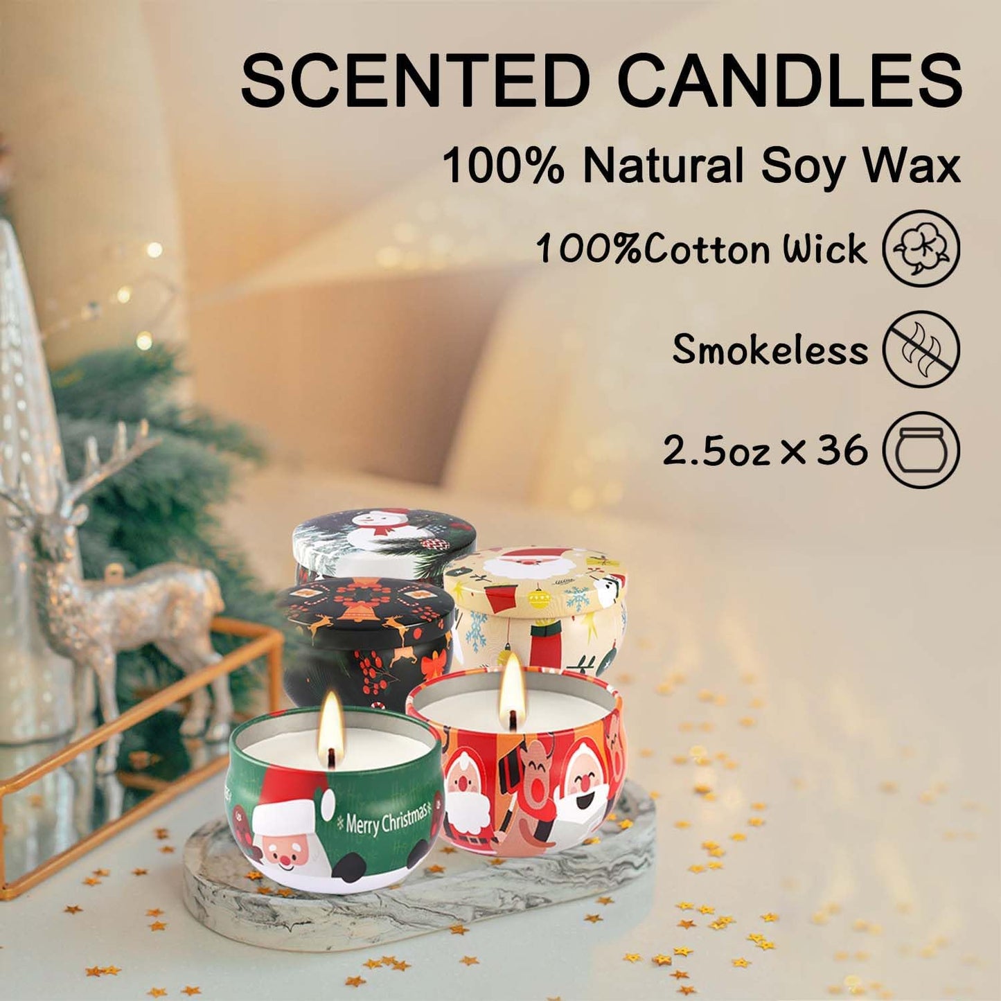 36Pack Christmasc Sets,Long Burning,2.5oz Natural Soy Wax with Essential Oils Decorative Aromatherapy Candles for Christmas，Thanksgiving Gift, Home Scented