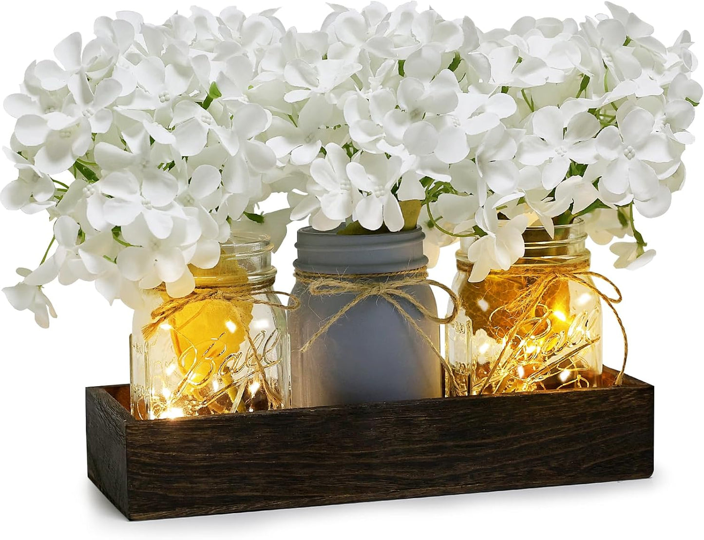 Mason Jar Lights Centerpiece Table Decor for Dining Room Farmhouse Coffee Table Decor with Wood Tray Fairy Lights Fake Hydrangea Flowers for Kitchen Living Dining Room - White