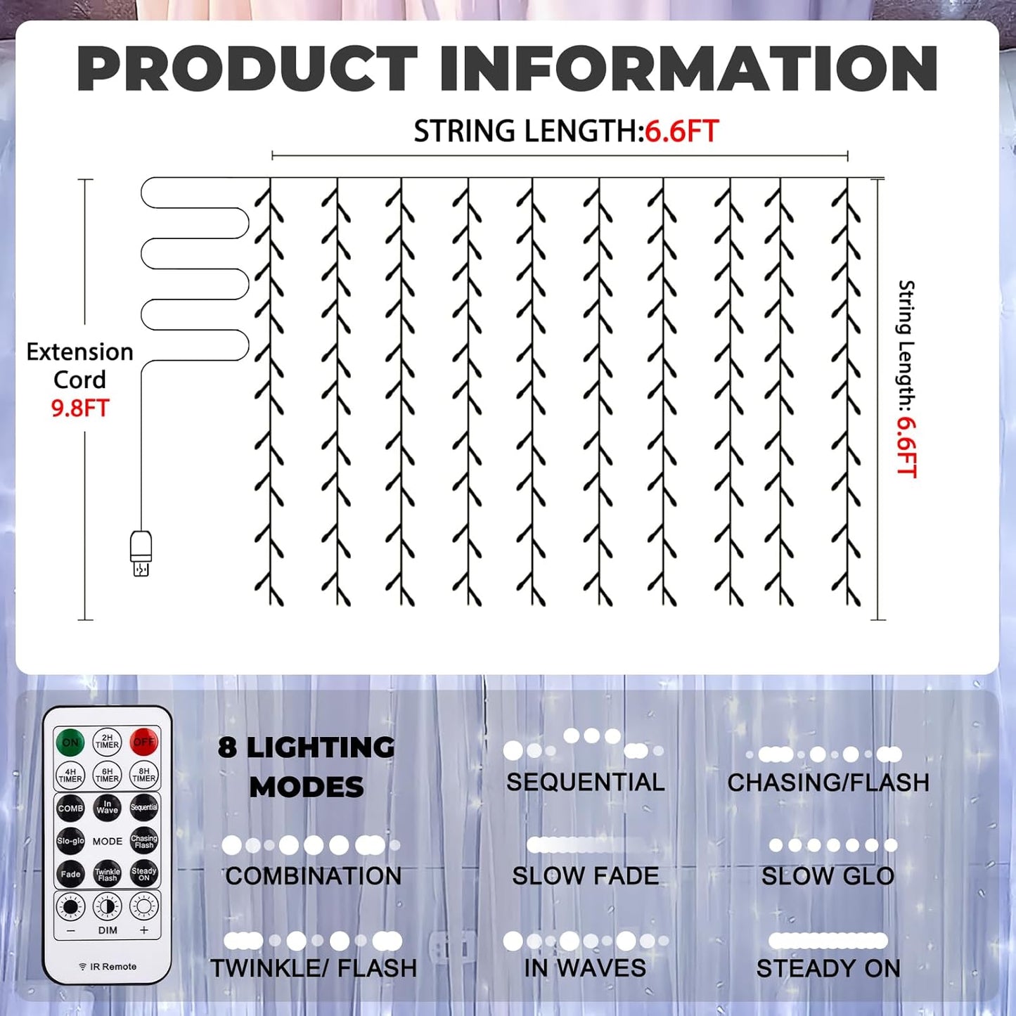 Curtain Light for Bedroom, 200LED 6.6x6.6ft White Window Wall Hanging Fairy Curtain String Light, 8 Modes Remote Fairy String Lights Indoor for Wedding Party Home Garden Decorations