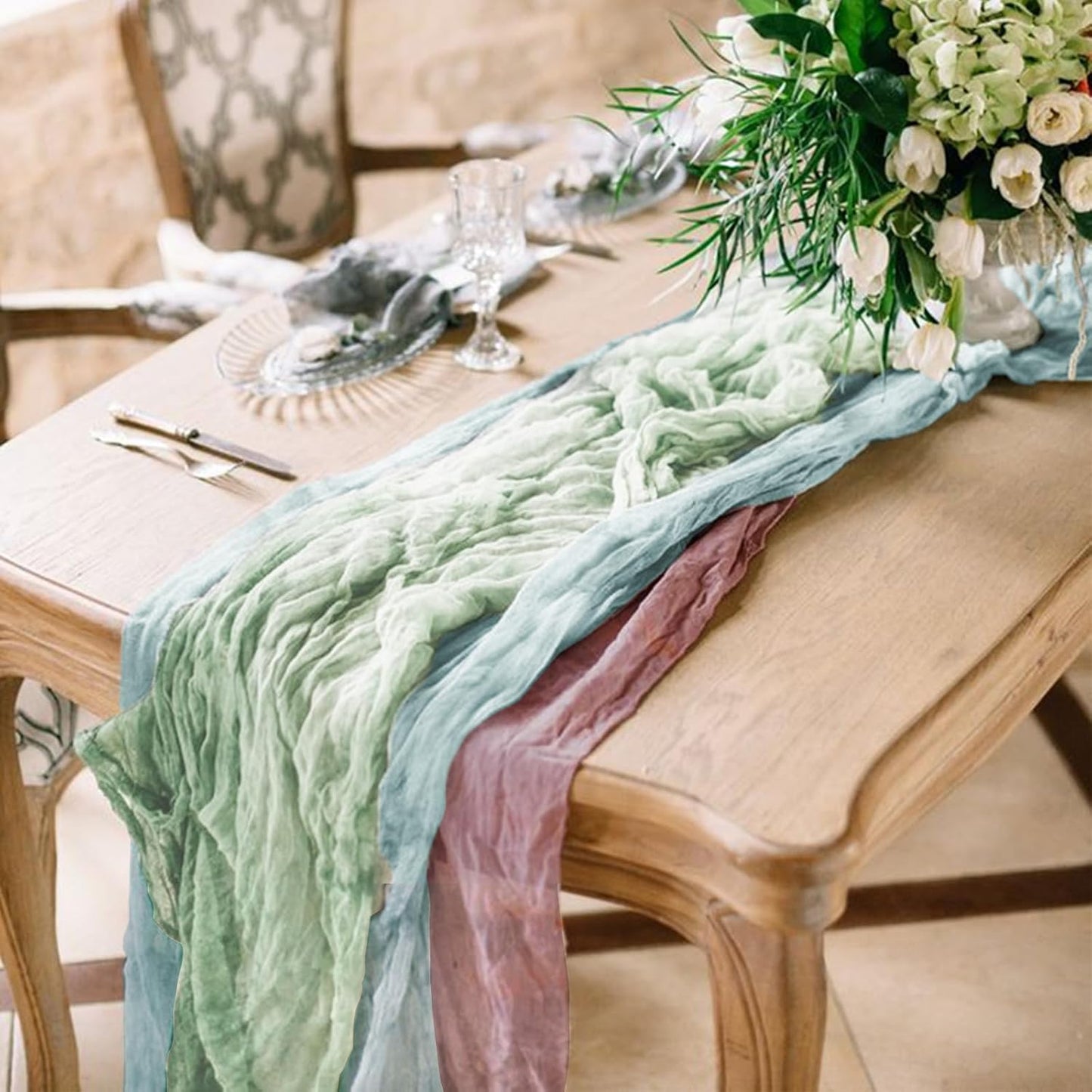 Hahuho Sage Green Cheesecloth Table Runner 10ft, Gauze Boho Rustic Table Runners for Wedding Birthday Party Baby Shower Decorations（1 Pack , 35x120 Inches）