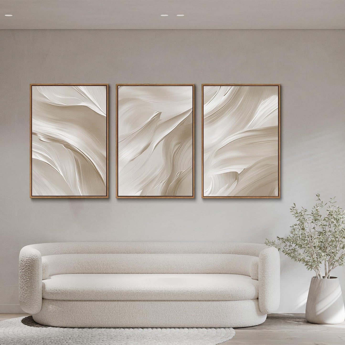 myusuar 3 Piece Large Abstract Framed Wall Art For Living Room, Smoke Texture Ink Beige White Canvas Wall Art Modern Minimalist Art Prints Wall Décor For Bedroom Office 24x36in