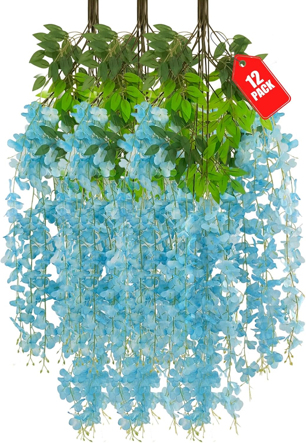 12 Pack Wisteria Hanging Flowers, 3.44 Ft Fake Hanging Flowers, Artificial Wisteria Garland Vines for Wedding Room Backdrop Outdoor Patio Garden Decoration
