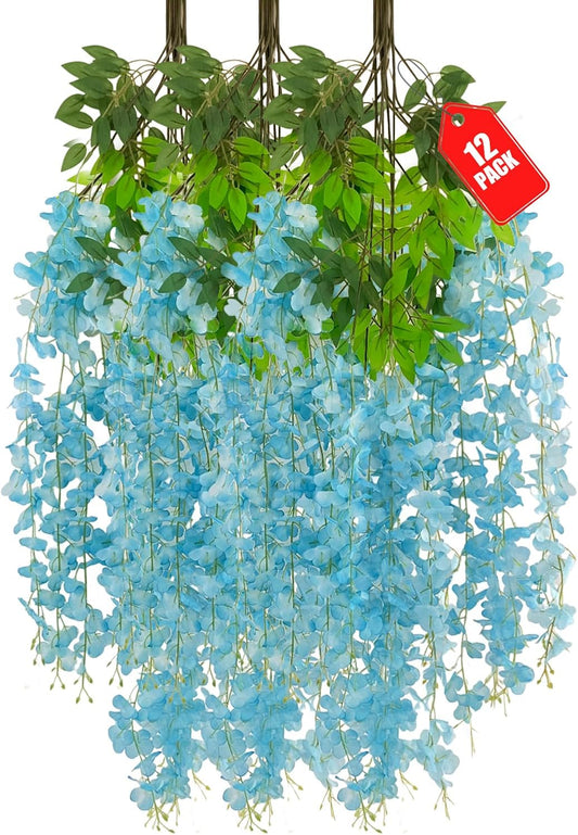 12 Pack Wisteria Hanging Flowers, 3.44 Ft Fake Hanging Flowers, Artificial Wisteria Garland Vines for Wedding Room Backdrop Outdoor Patio Garden Decoration