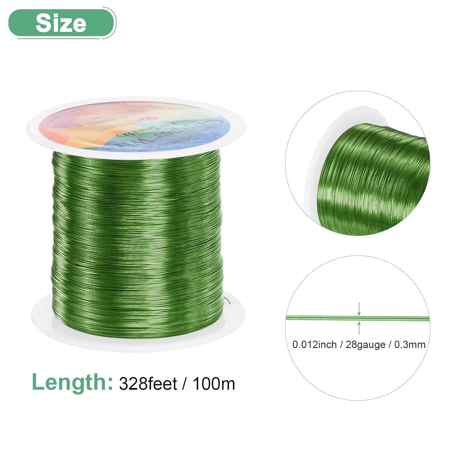 0.3mm Jewelry Wire, 28 Gauge 328FT Craft Wire Copper Beading Wire for Jewelry Making/Planting/Weaving/DIY Crafting, Soft Metal Wires [100M, Green]