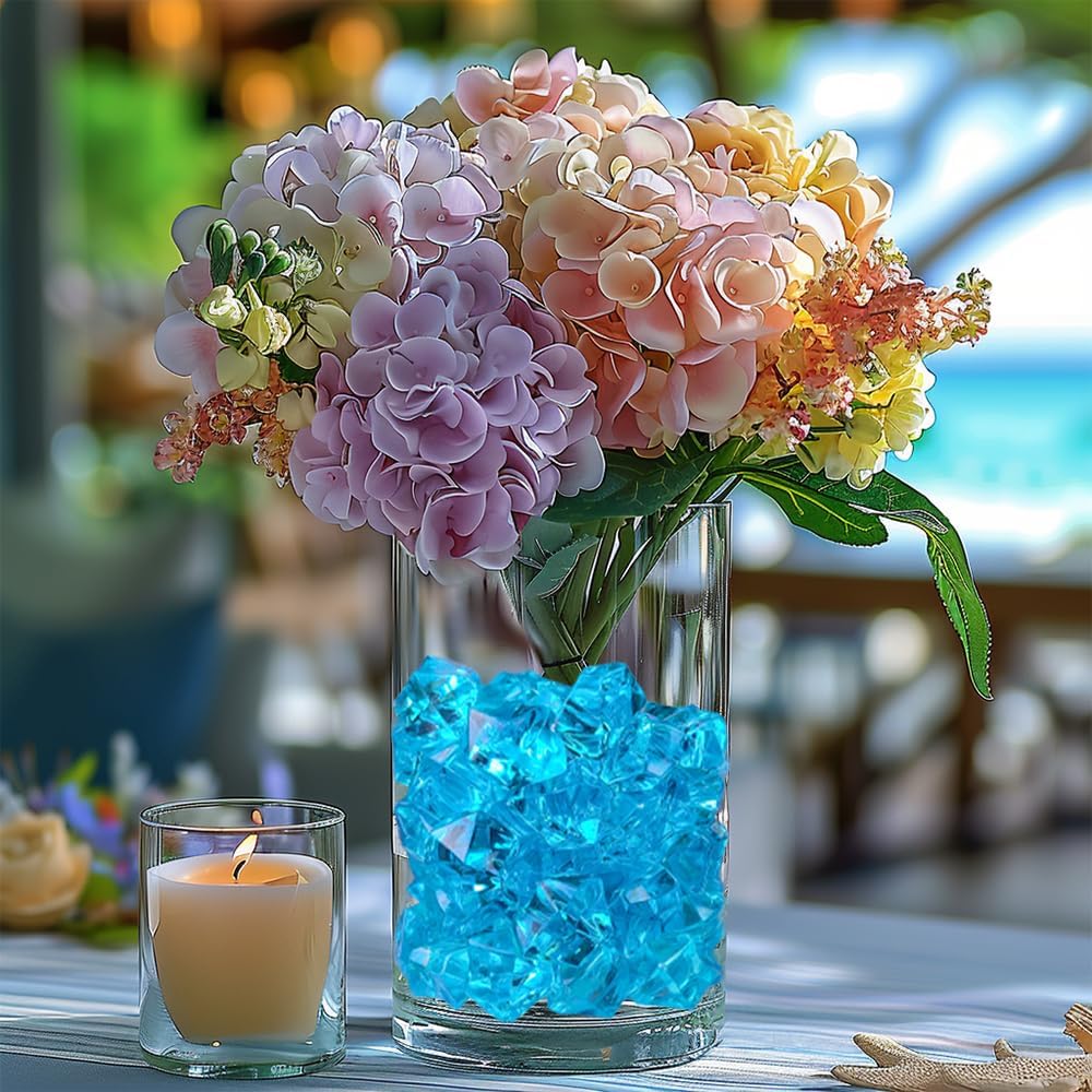 HappyFiller 14 OZ Sky Blue Fake Acrylic Ice Rocks Faux Crystal Cubes Stones Diamonds Gems,Aquarium, Crafts,Table Scatter,Dessert Table Decor Vase Bowl Filler,Party Wedding Centerpieces,Home Accents