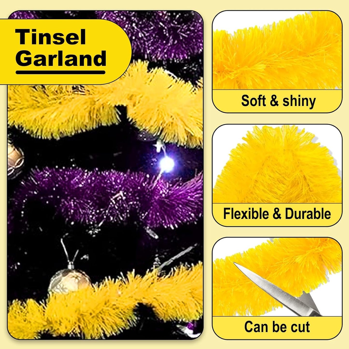 25 Feet Metallic Twist Tinsel Garland Backdrop for Parade Floats, Christmas Eve, New Year, Valentine's Day Party Decorations (Macaron Yellow, 4in x 25ft)