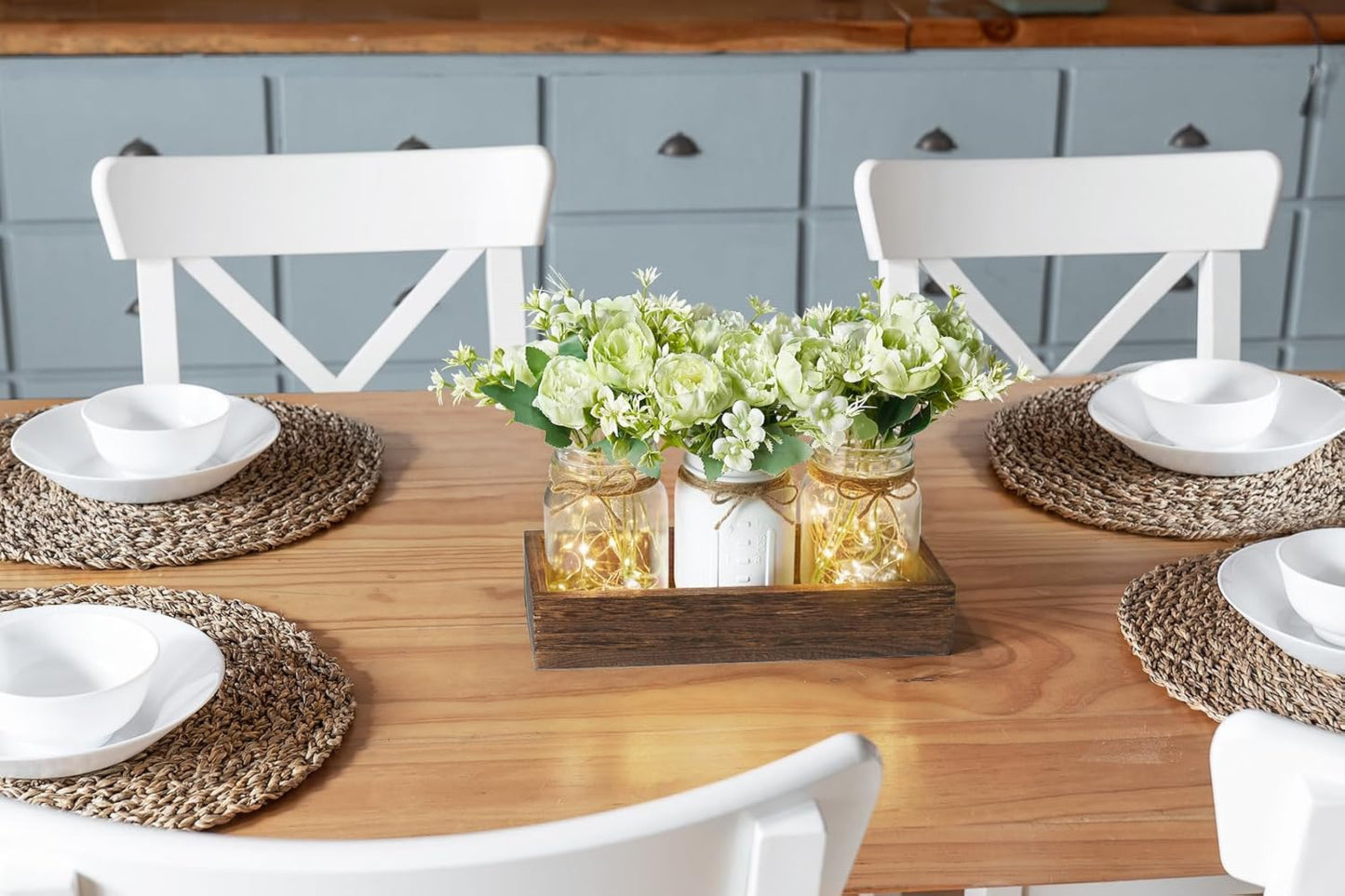 Mkono Mason Jar Lights Centerpiece Table Decorations for Dining Room Farmhouse Coffee Table Decor Wood Tray with 3 Jars Flowers for Kitchen Living Dining Room (Light Green)