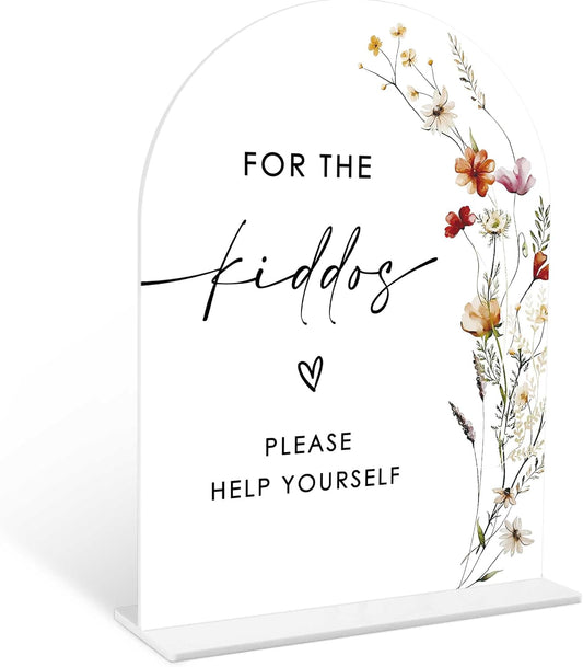 Boho Floral For the Kiddos Favors Sign, 6 x 8 Inch White Arch Acrylic Wedding Sign with Holder, Wedding Sign for Ceremony and Reception, Wedding Decoration, Wedding Supplies - BX27