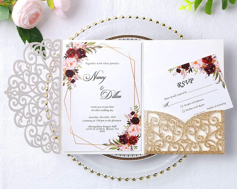 ponatia 5.12 x 7.2 Laser Cut Invitation Pocket, 20PCS Tri-Fold 5 x 7 Laser Cut Wedding Invitation Pockets with Envelopes for Wedding Bbay Shower Birthday Invite (Gold Glitter, No Inner Sheet)