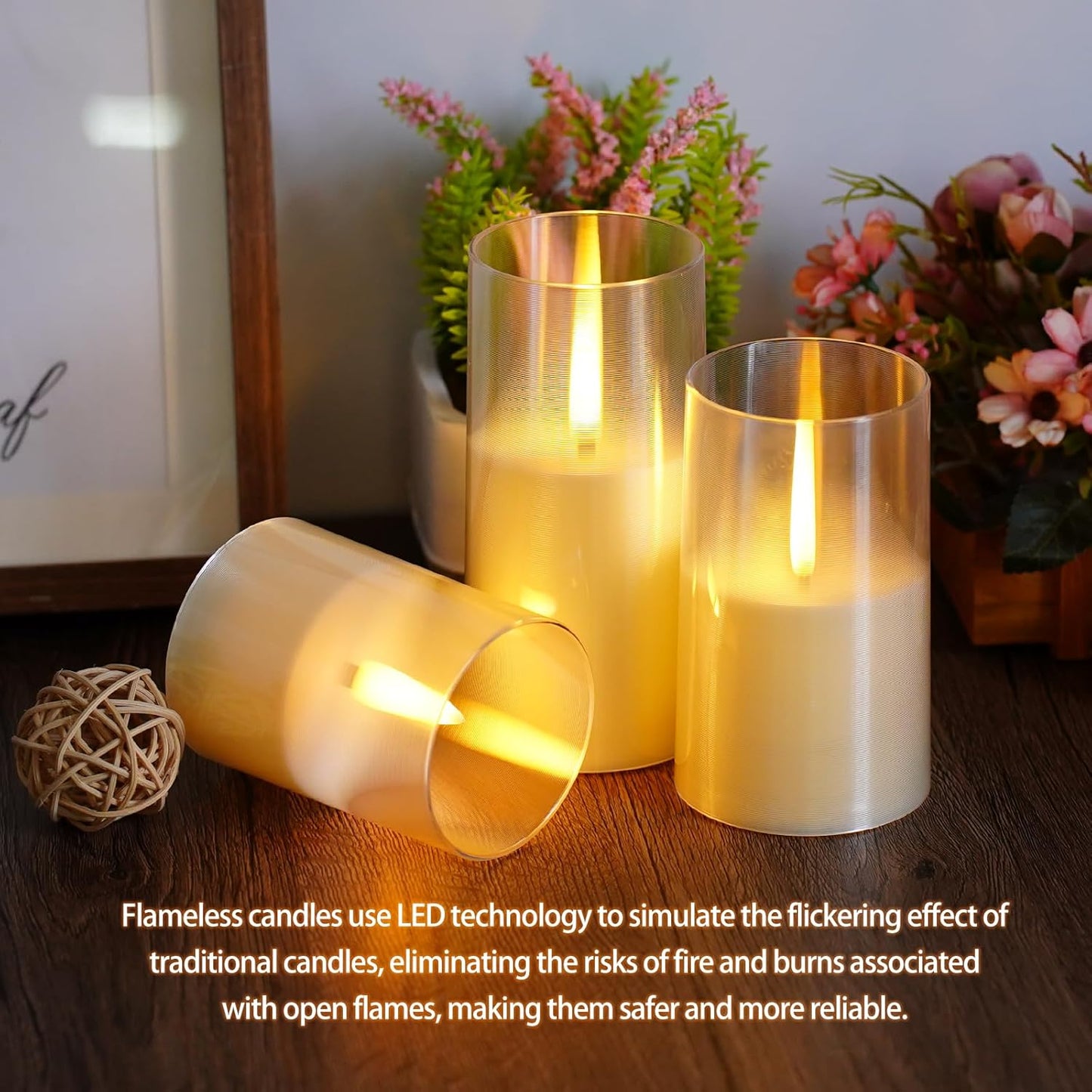 Flameless LED Candles, Upgraded Realistic Flickering Pillar Battery Operated Candles with Remote Timer, Acrylic Electric Set of 3 for Romantic Ambiance and Home Decoration（Ivory）