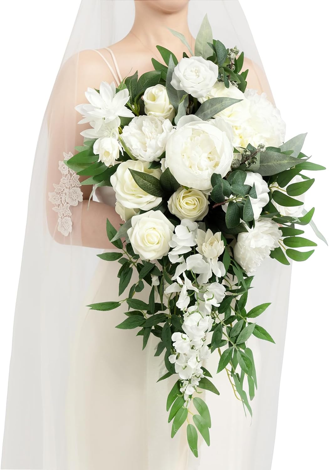 Ling's Moment White Bridal Bouquet Cascading, Ivory Wedding Bouquets for Bride, 15 Inch Bride Bouquets for Wedding Artificial Flowers Bouquets