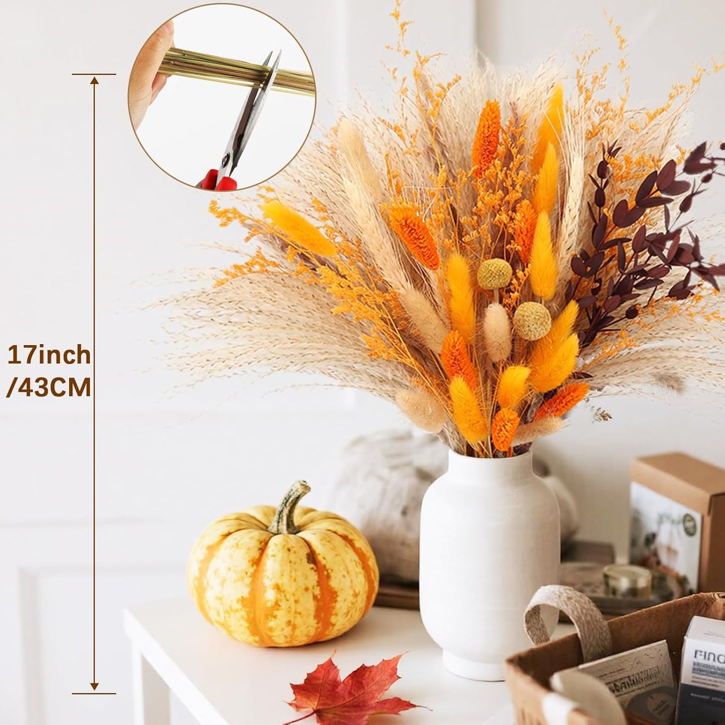 Fall Home Decor 104Pcs Orange Pampas Grass Autumn Dried Flowers Decorations Fluffy Gold Bouquet Fall Wedding Table Centerpieces Rustic Farmhouse Floral Fall Flowers Boho Indoor Outdoor Decor, 17Inch