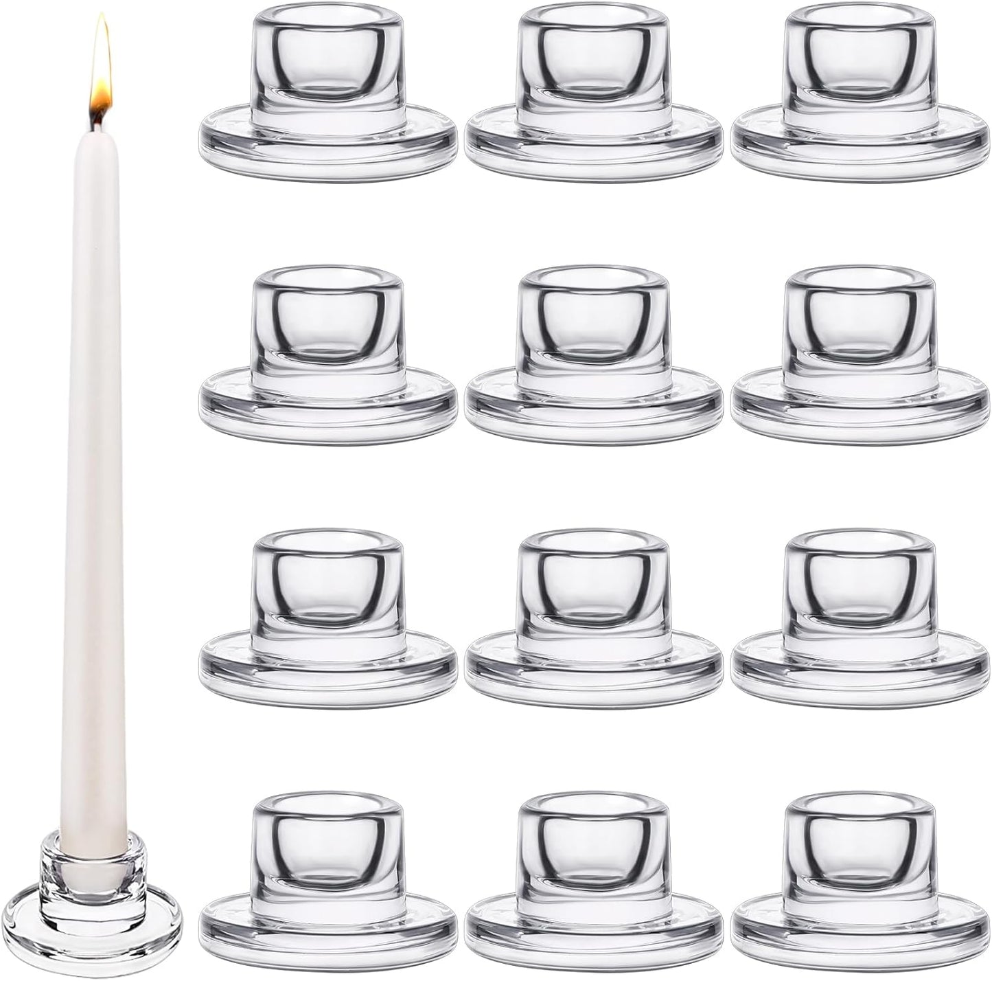 12 PCS Glass Taper Candle Holders Bulk Candlestick Holders Clear Short Tapered Candle Stick Holder Decor Set for Table Centerpiece Wedding Party Advent Christmas Home Decorations (12, Clear)