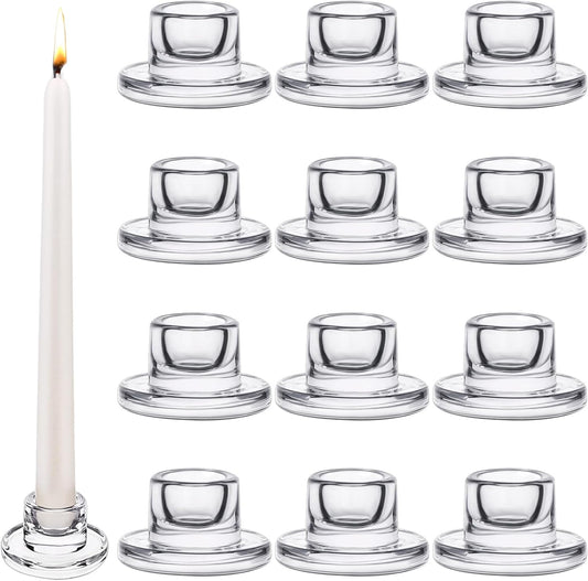 12 PCS Glass Taper Candle Holders Bulk Candlestick Holders Clear Short Tapered Candle Stick Holder Decor Set for Table Centerpiece Wedding Party Advent Christmas Home Decorations (12, Clear)