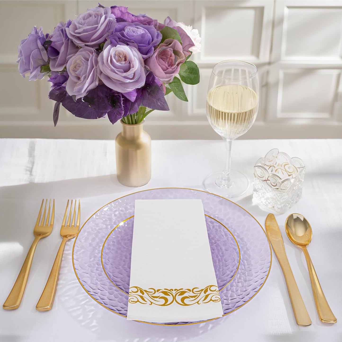 Rubtlamp 350 Pcs Clear Purple Plastic Plates, Gold Plastic Dinnerware Set (50 Guests), Purple Disposable Plates With Gold Rim, Hammered Party Plates Set for Wedding And Party