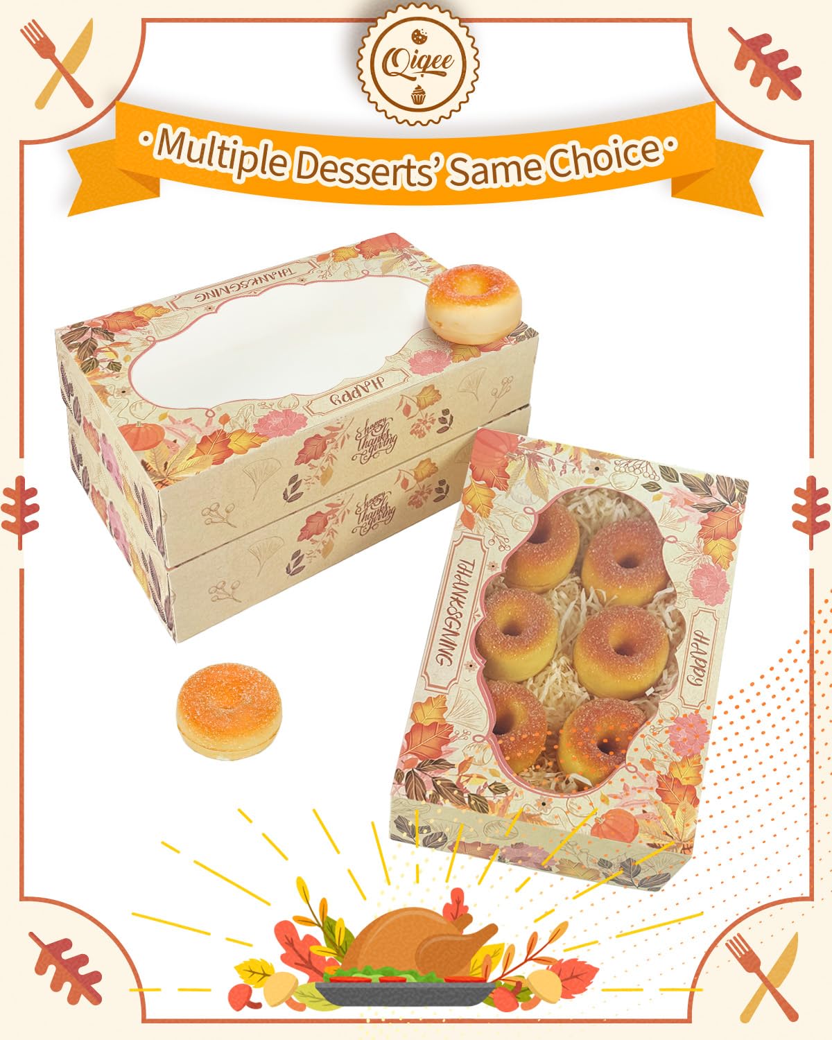qiqee Thanksgiving Cookie Box with Window 12x8x2.5 inch 32 Packs Two Uses One Second Folding Pastry Biscuit Retro Leaves Bakery Box for Packaging Auto-pop up