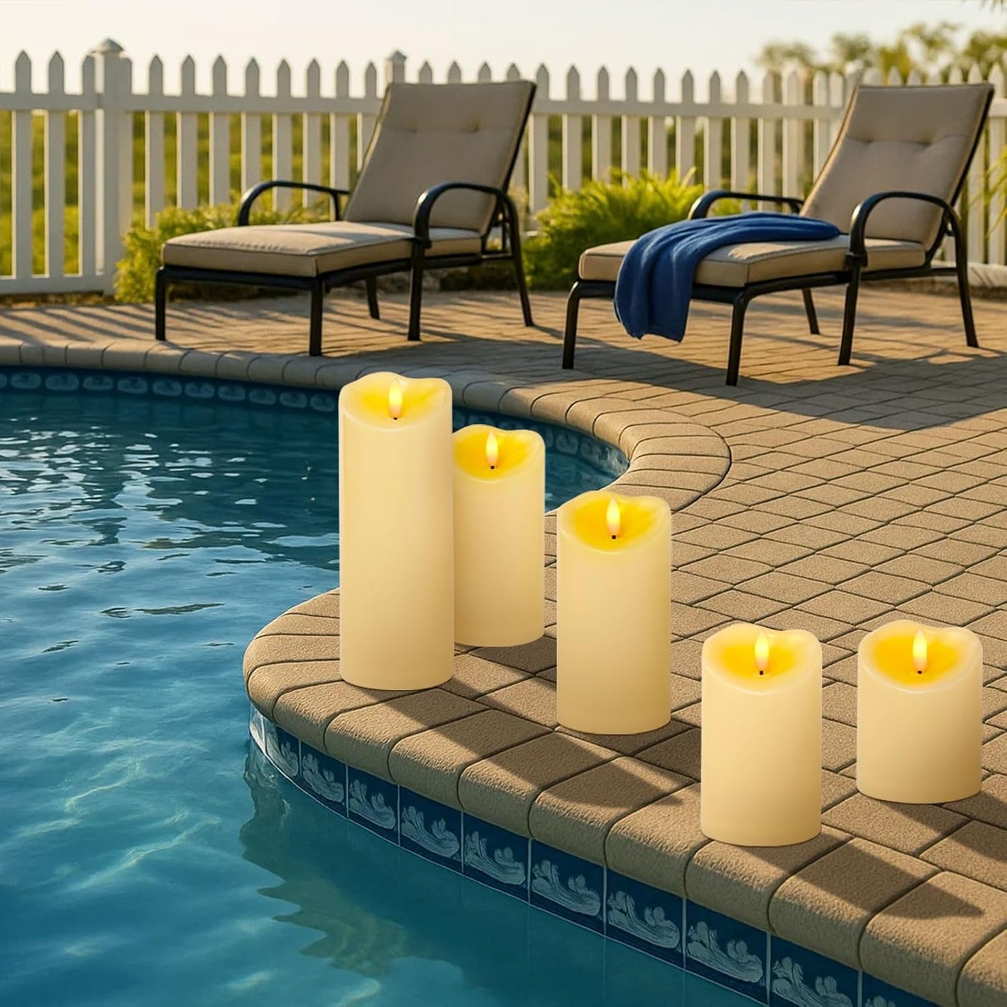 Amagic Waterproof Outdoor Flameless Candles with Remote, LED Candles Battery Operated with Timer, Flickering Fake Pillar Candle for Outside Patio Yard Decor, Dark Ivory, Set of 5, D3 X H4 5" 6" 8" 8"
