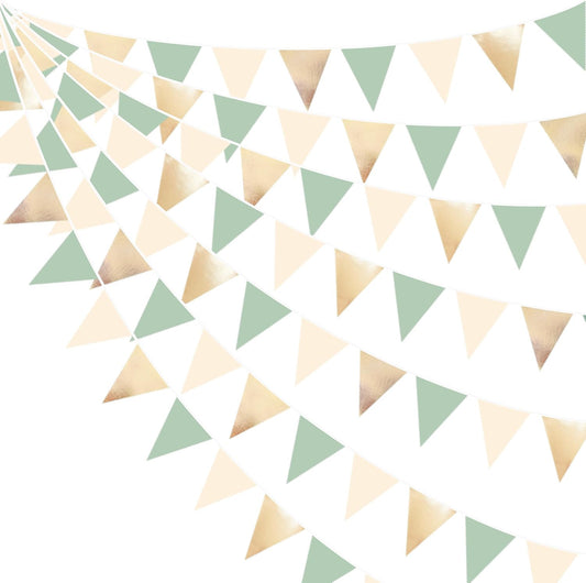 Sage Green Beige Champagne Gold Party Decorations Metallic Fabric Triangle Pennant Banner Bunting Flag Garland for Baby Shower Birthday Wedding Engagement Bridal Shower Graduation Decoration Supplies