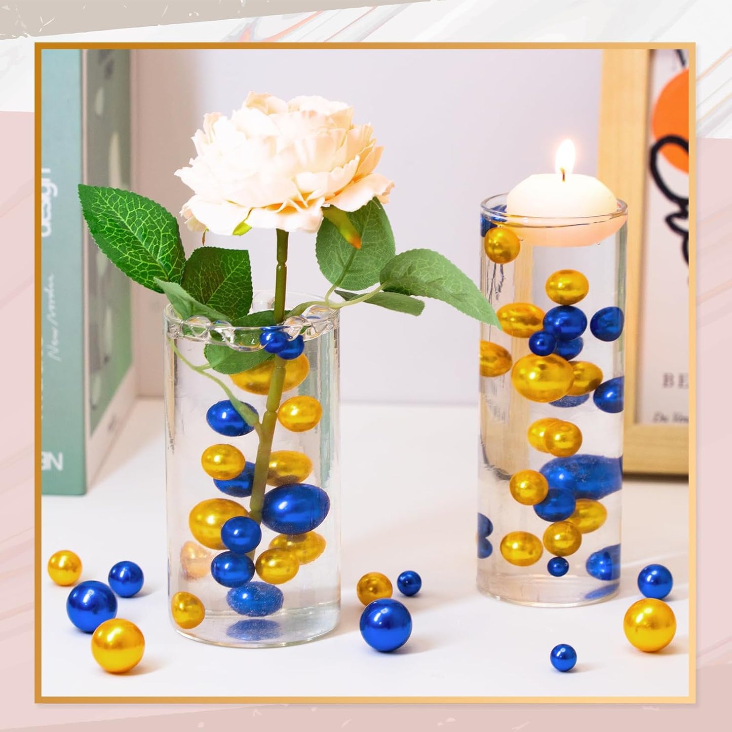 300Pcs Vase Filler Blue and Golden Yellow No Hole Faux Pearl Beads for Vase Filling Decorations, Candle Centerpieces, Wedding Centerpieces, Home Party Decor (8/14/20mm)