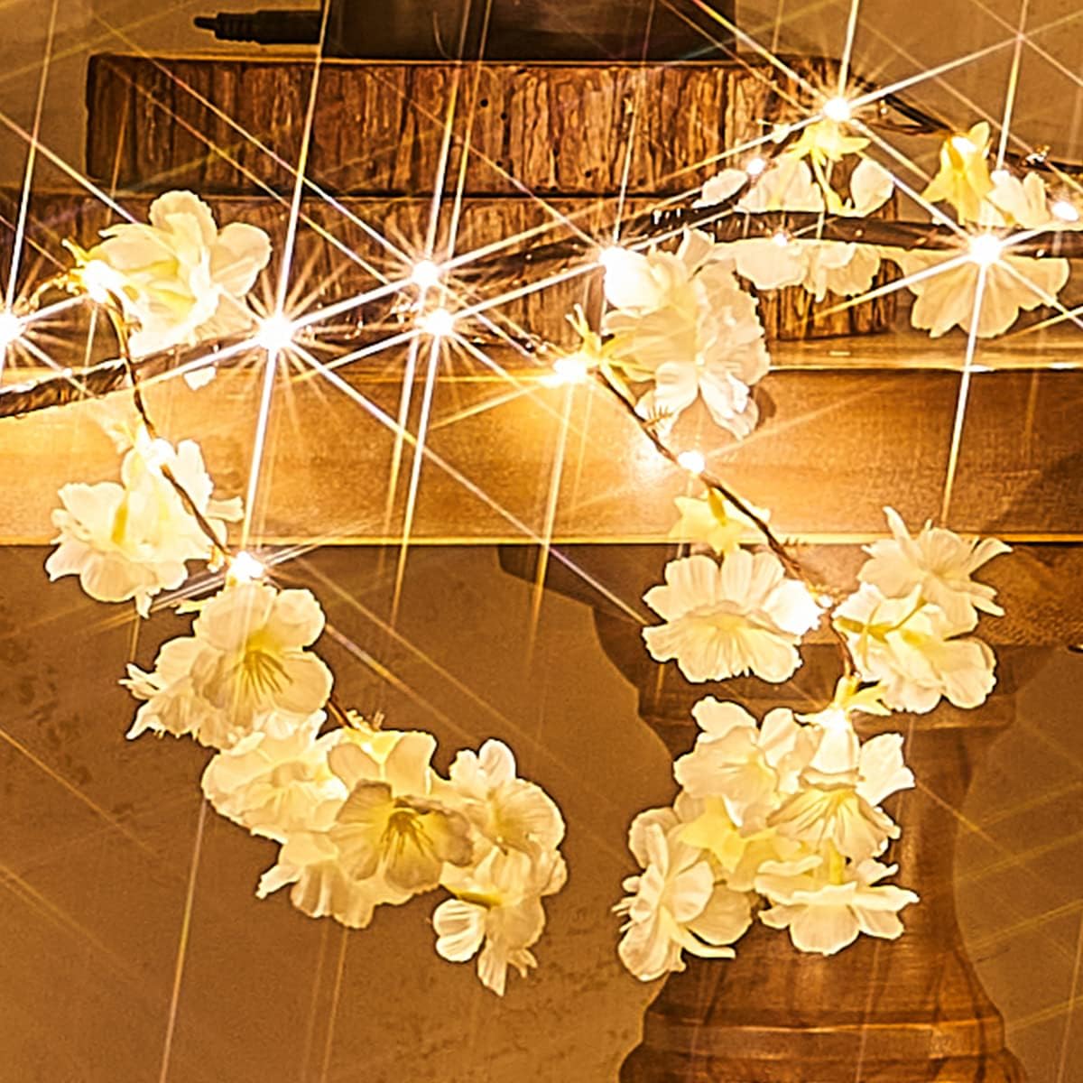 Fudios Lighted White Cherry Blossom Garland Decor with Timer 96 LED Fairy Lights 6FT for Mantle,Artificial Flower Vine with Lights Battery Operated Valentines Wedding Party Indoor Outdoor