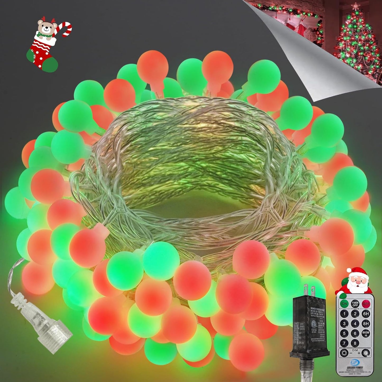 43FT 100LED Connectable Christmas String Lights Indoor Outdoor - Red and Green Fairy Lights Plug in with Remote & 8 Modes, Globe Twinkle Light for Christmas Decorations Bedroom Room Tree Party