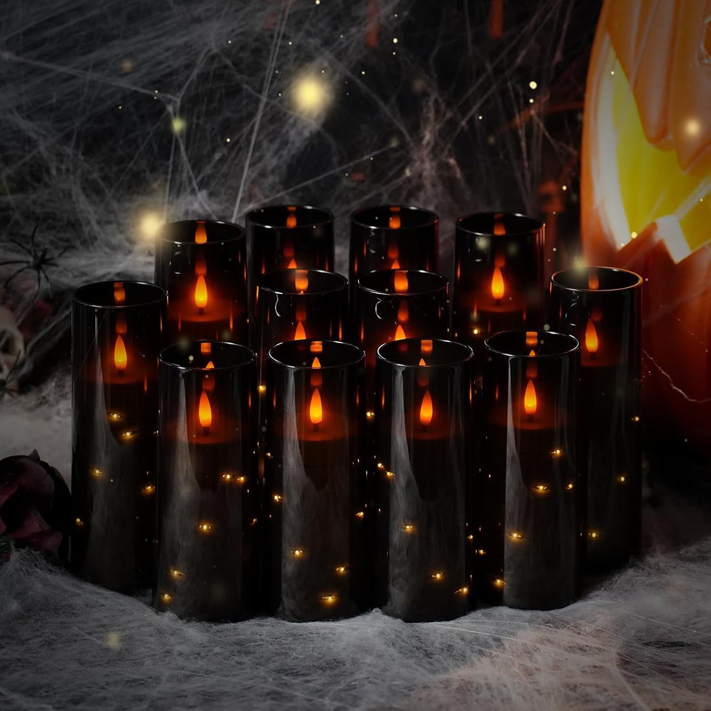 Flameless Candles with Embedded Star String - Battery Operated LED Candles, with Remote,12 Black Flickering Candles for Christmas, Weddings, Home Decor & Party,(D 2.3"×H 5" 6" 7")
