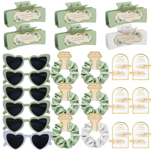 Sage Green Bridesmaid Gifts for Proposal, 6PCS Girls Gift Set with Hair Claws, Scrunchies, Makeup Clips & Heart Sunglasses, Wedding Bachelorette Party Favors, Birthday Gifts for Women Teens