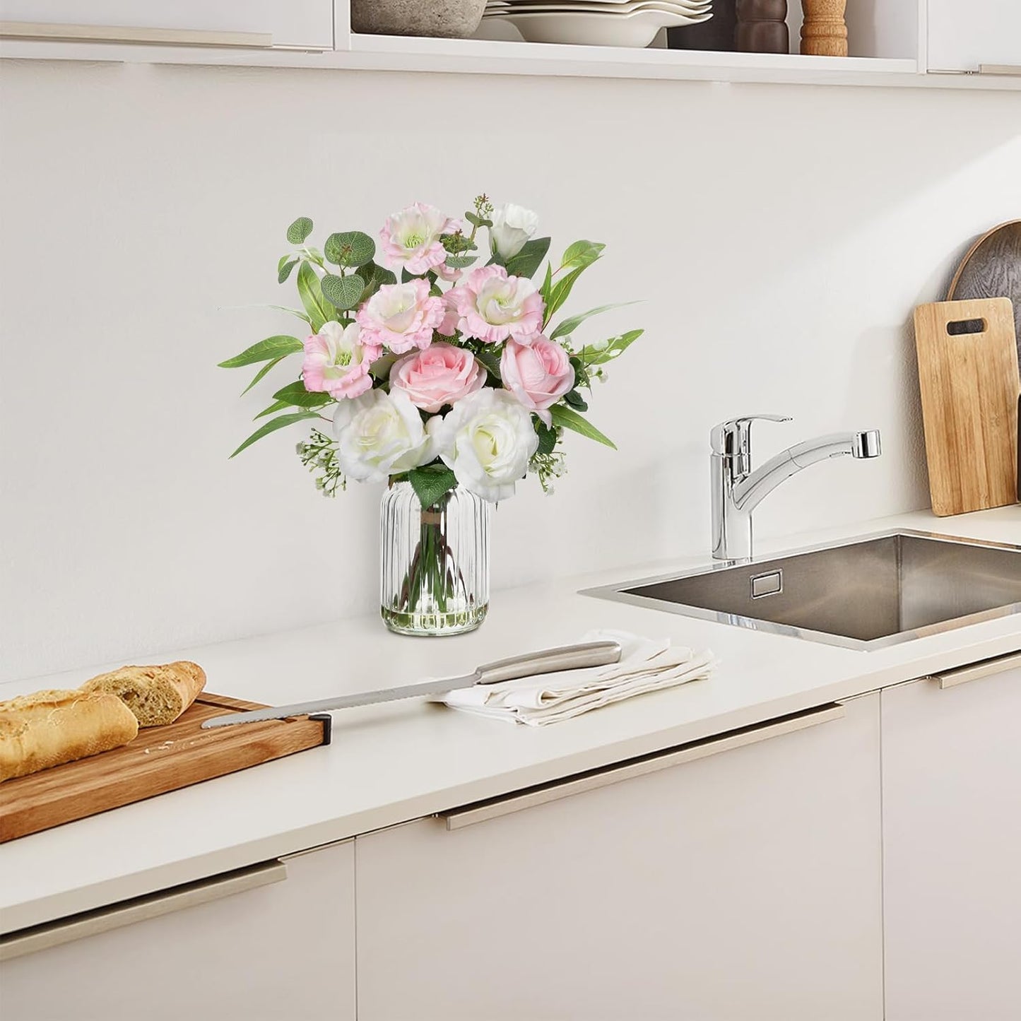 Hollyone Fake Flowers in Vase with Faux Water Artificial Silk Rose Flowers Arrangement with Eucalyptus Plants with Vase Faux Silk Rose Flowers Bouquets Table Centerpieces Office Bathroom Home Decor