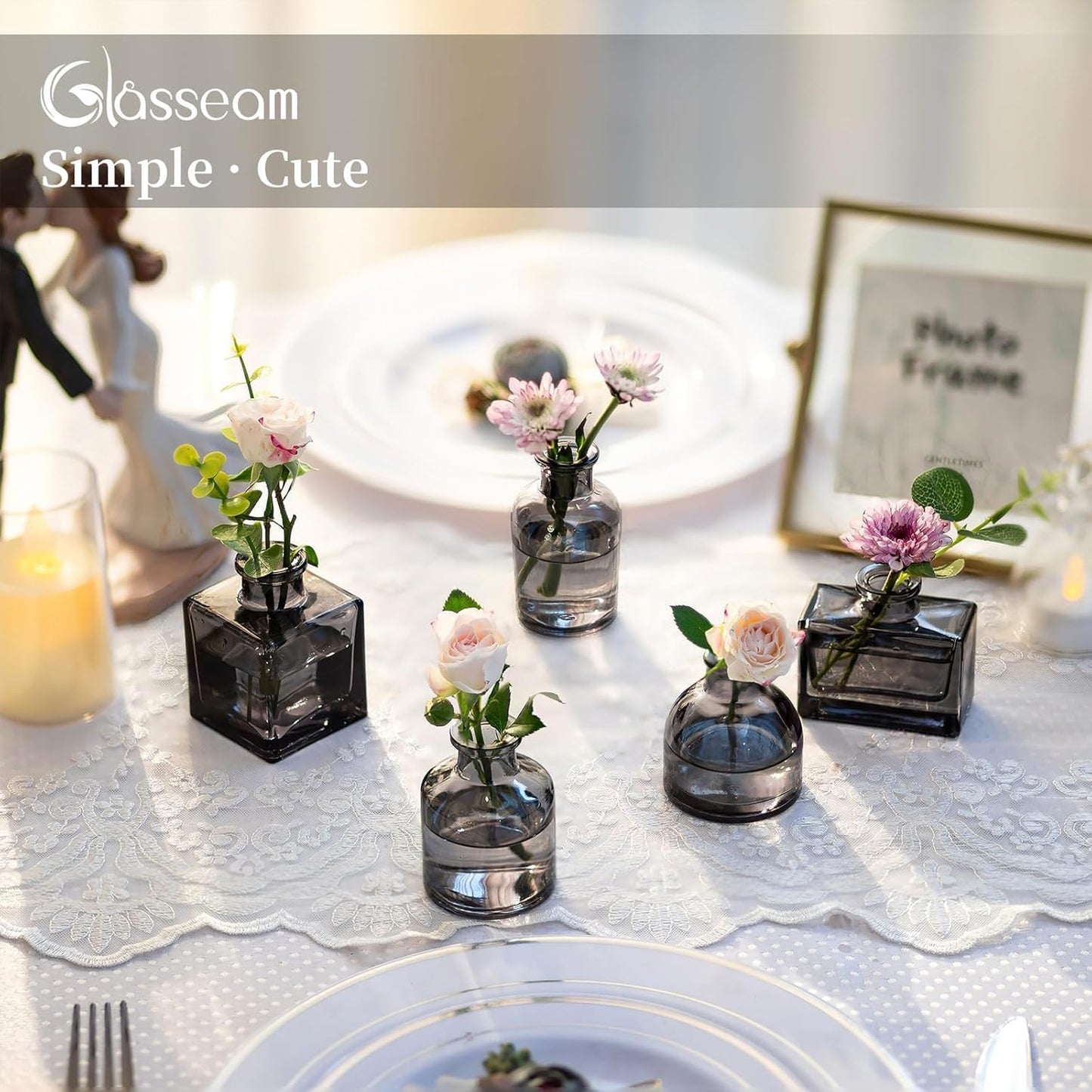 Glasseam Bud Flower Vases in Bulk: 40 Glass Cute Small Vases for Centerpieces Vintage Mini Wedding Birthday Party Table Centerpieces Tiny Baby Shower Dining Room Decoration Black Grey