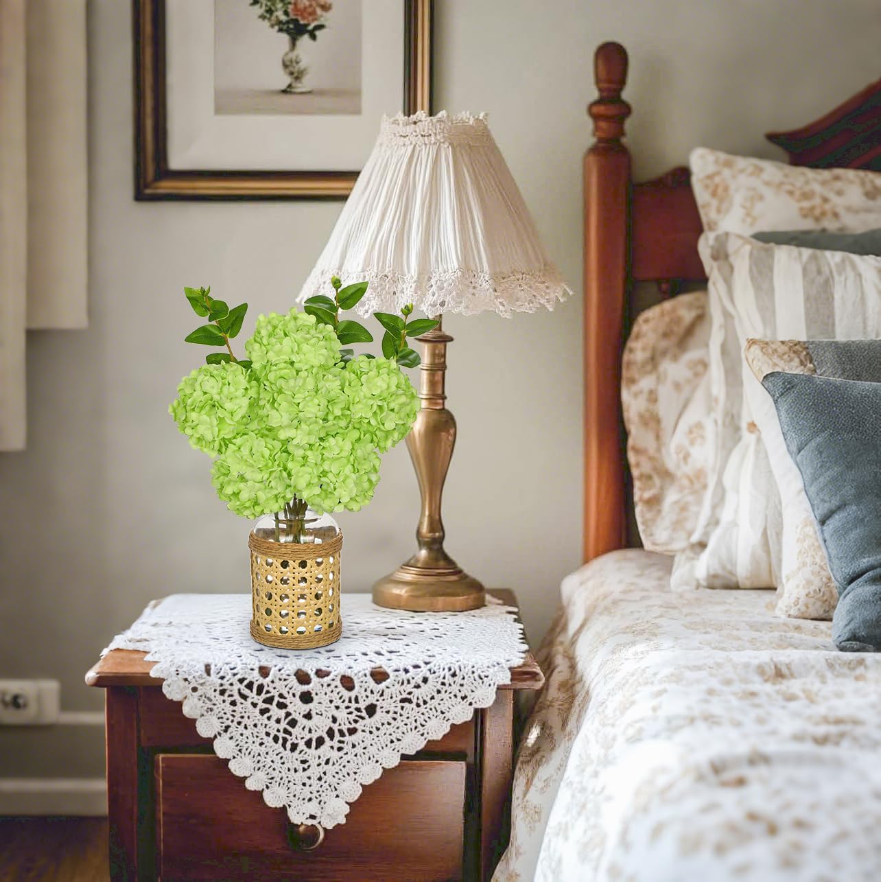 Hollyone Green Hydrangea Artificial Flowers in Woven Glass Vase with Faux Water Silk Hydrangeas Fake Flowers Floral Arrangement for Home Indoor Bathroom Kitchen Office Table Centerpiece Shelf Decor