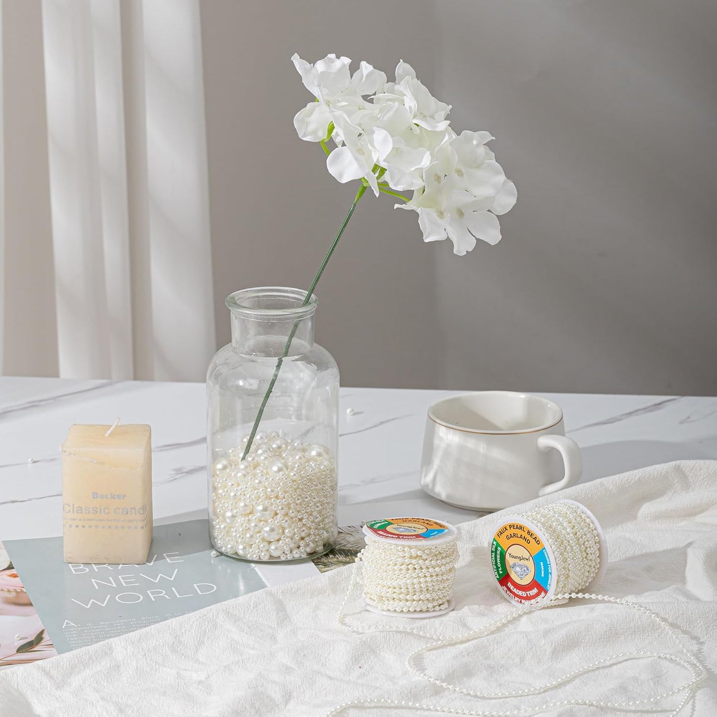 3mm Millet Beads Crafts Faux Pearl Beads Garland Pearl Bead Roll Strand of Pearls to Decorate Floral Centerpieces Wedding Party Favor Christmas Tree(33 Feet Ivory)