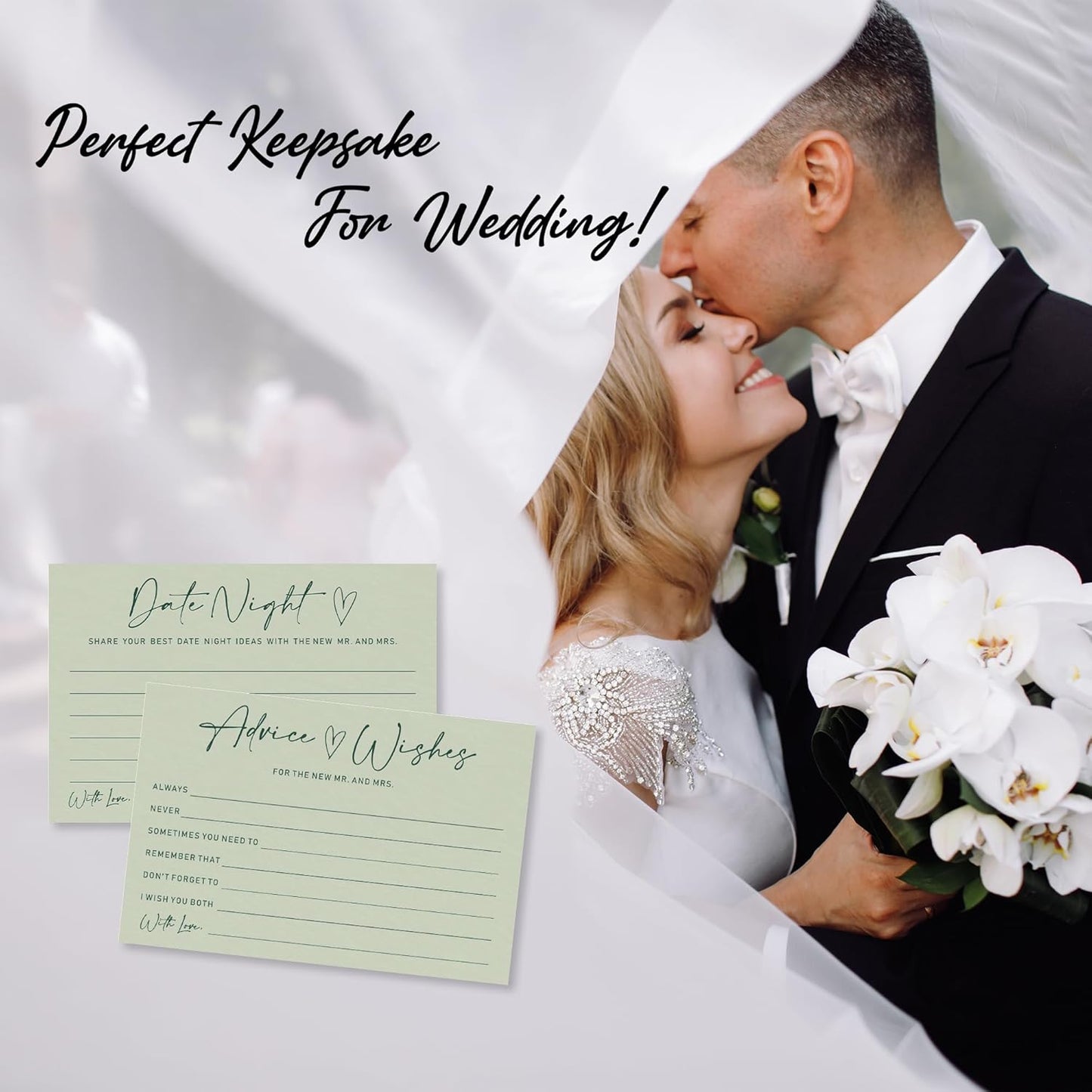 Advice & Wishes Card Set - Minimalism Moss Green - 15 Advice & Wishes Cards & 15 Date Night Cards Cards For New Couple, Newlyweds, Engagement, Wedding Party Favor & Supplies - B05