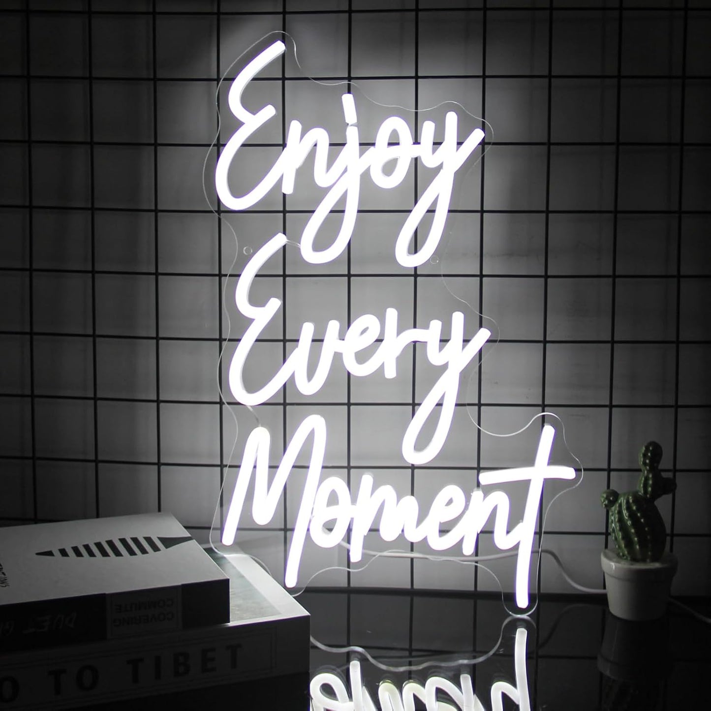 Enjoy Every Moment Neon Signs for Wall White Letter Neon Lights LED Letter Sign Dimmable Words Light Up Signs for Bedroom Bar Restaurant Salon Party Decor